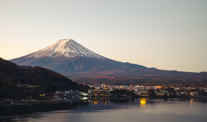 Landscape view of Fuji san mountain in Japan, Kawaguchiko lake with vintage color