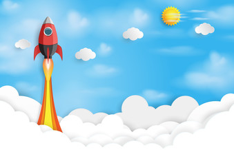 Rocket ship icon into blue sky.Business start up concept design paper art style.Vector illustration.