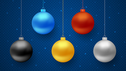 Fototapeta na wymiar Set of realistic hanging Christmas balls for decoration in blue, red, gold, black and silver color isolated on transparent background. Vector design elements