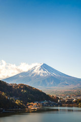 Fototapeta na wymiar Landscape view of Fuji san mountain in Japan, Kawaguchiko lake with vintage color