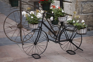 Fototapeta na wymiar Metal bikes used as flowerpots