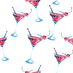 Seamless watercolor background with drinks, - cocktail, alcohol, juice, martini. Berry cherry, a transparent beautiful glass. Vintage background