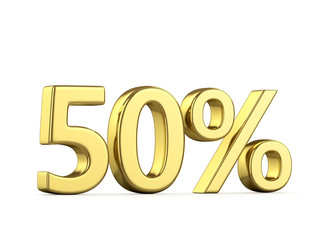 Fifty gold percent on a white background. 3D illustration