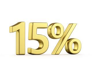 Fifteen gold percent on a white background. 3D illustration