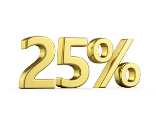 Twenty five gold percent on a white background. 3D illustration