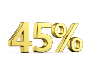 Forty five gold percent on a white background. 3D illustration