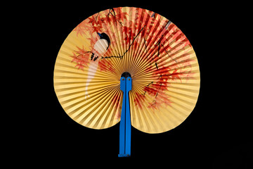 Closeup of Traditional Chinese fan on black background.