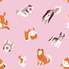 Vector  illustration with cute hand drawn dogs. Seamless pet  pattern. Trendy scandinavian design. 