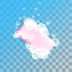 Soap bar with bubbles. Object on the transparent effect background. Pink soap with foam.
