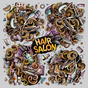 Vector set of Hair salon cartoon doodle objects