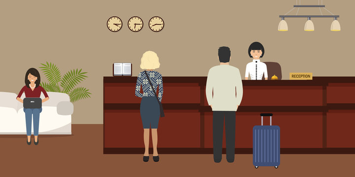 Hotel reception. Young woman receptionist stands at reception desk. There are also visitors here. Travel, hospitality, hotel booking concept. Vector image