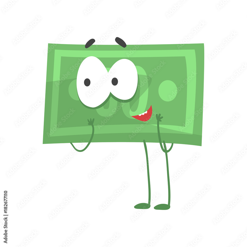 Sticker Illustration of humanized green dollar standing isolated on white. Cartoon money character with excited face expression. Flat vector design