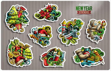 Set of Happy New Year cartoon stickers