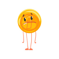 Golden coin character with sad face, legs and arms. Shiny penny icon. Unit of currency. Cartoon money in flat style. Isolated vector illustration