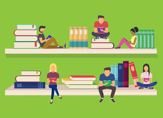 Flat design of guys and young women sitting on on the shelves