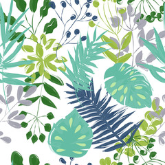 seamless pattern of blue and green plants on a white background