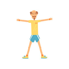 Old man standing with feet shoulder-width apart and doing side arms raising. Elderly character with mustache and beard. Physical activity. Isolated flat vector