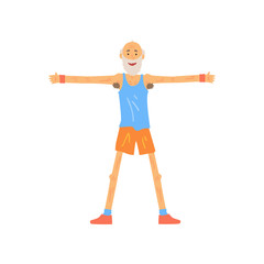 Skinny old man stretching before gymnastics training. Bearded elderly male standing with feet shoulder-width apart and doing side arms raising. Healthy lifestyle. Flat vector