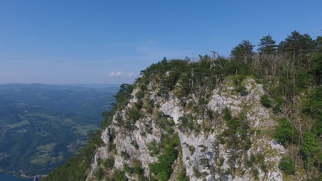 Aerial view on famous Banjska stena on Drina river in Tara National Park, Serbia, 4k

