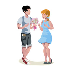Man character give bouquet flowers to woman.