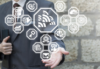 Wireless Connection Information Communication Technology, Wi-Fi Business concept. People Connecting Networking Technologies. Businessman using virtual interface offers wifi radio signal icon.