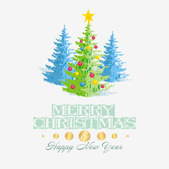 Christmas card template with green and blue christmas tree, decorations and star.