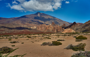 Volcano Teide and lava scenery in Teide National Park, Rocky volcanic landscape of the caldera of Teide national park in Tenerife, Canary Islands, Spain
