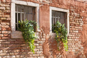 Two windows with lattices on a brick wall