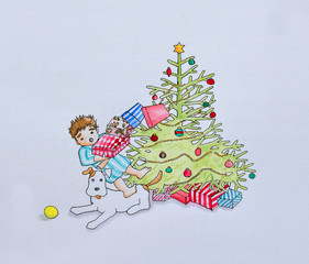 Ink & Watercolour Painting of little tripping over holding christmas presents in front of tree