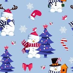 Winter seamless pattern with  cute snowmen and christmas tree.  Merry Christmas and Happy New Year background. Vector illustration