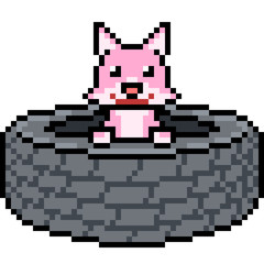 Fototapeta premium vector pixel art cat play in tire