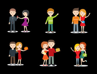 Happy young couple and friends character set, celebrating with gifts