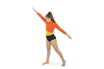 Little gymnast on a white background. Sporting exercise, stretch, flexibility, aerobic