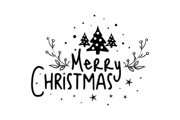 Obraz premium Merry christmas, happy new year lettering font text card. Typography inscription decoration poster type winter holiday art design tree, old style snow. Vector illustration isolated background.