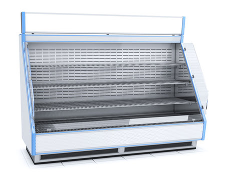 Trade open refrigerated display case with shelves. 3d image isolated on white.