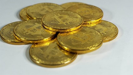Rotating Stack Of Gold Bitcoins On Turntable