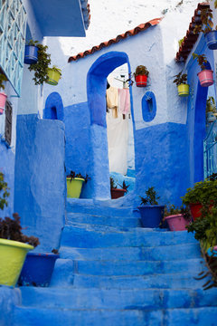 Colorful vases with plants stand on blue footsteps on blue street somewhere in Morocco