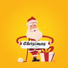 Happy Santa Claus with a banner.
Vector illustration on a yellow background. Christmas set with Santa Claus.