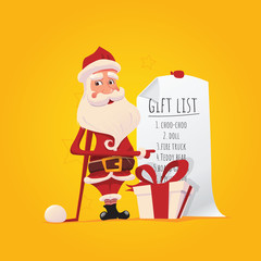 Happy Santa Claus with a gift list.
Vector illustration on a yellow background. Christmas set with Santa Claus.