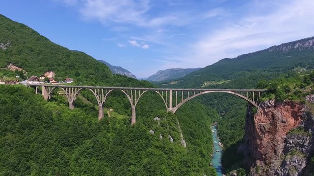 Aerial view on Djurdjevica arch bridge over the Tara River in northern Montenegro, 4k
