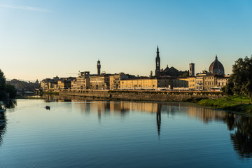 Florence, ITALY - October, 2017: Beautiful cityscape skyline of Firenze, Italy, with the bridges over the river Arno