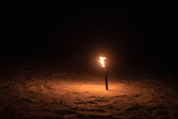 burning torch lights up the winter night fire alone dark lonely background nature mystical wallpaper - obrazy, fototapety, plakaty
