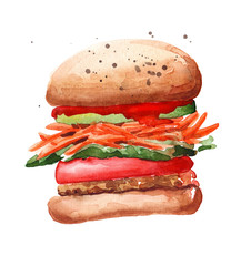 watercolor burger with carrot, vegetables and tomato ketchup