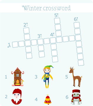 Winter crossword with pictures for children. Six words. 