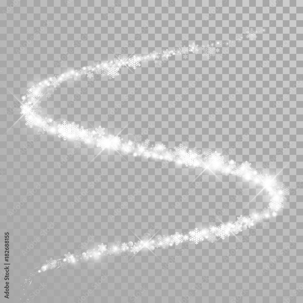 Poster christmas sparkling snowflakes in glitter trail with shimmer light effect on white transparent backg