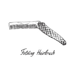 Folding hairbrush, hand drawn doodle sketch with inscription, isolated vector illustration