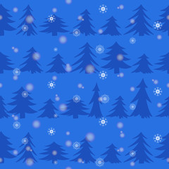 Dark blue silhouettes of pines on a blue background with white snowflakes. Seamless vector pattern of winter fir forest at night. Snow in a coniferous forest. Dark spruce forest.