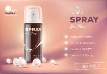 Realistic vector illustration of beautiful brown hair spray bottle with pearl. Mockup of luxury hair styling spray container.