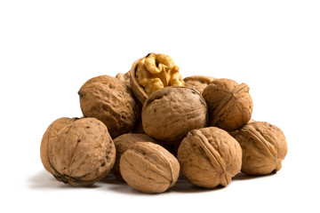 A handful of walnuts isolated on a white background