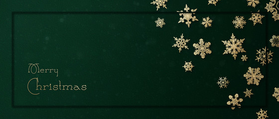 Merry Christmas - horizontal banner with gold glitter snowflakes ( xmas , holiday )
